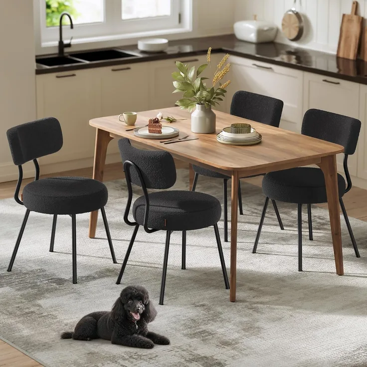 VASAGLE Esszimmerstuhl 4er Set, Küchenstuhl, Polsterstuhl, Fleece Oberfläche, geschwungene Rückenlehne, Stahlrahmen, modern, tintenschwarz KDCDE110B14