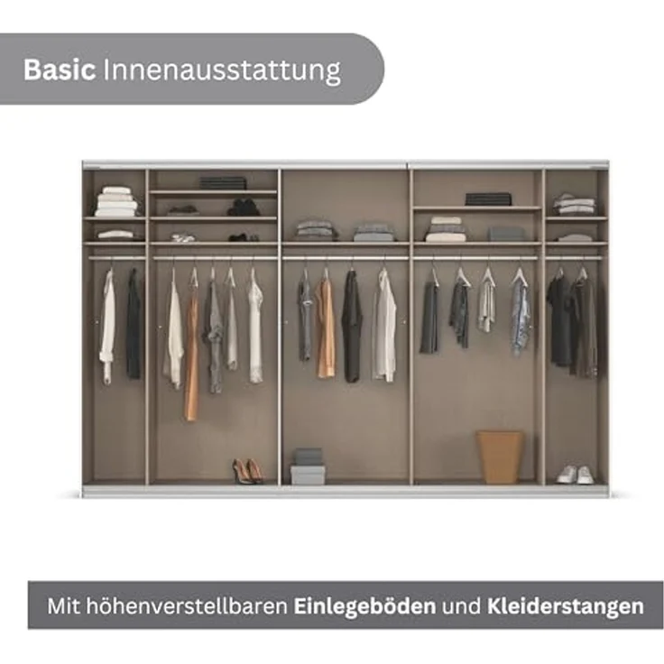 Rauch Möbel Kulmbach, Kleiderschrank mit Schwebetüren für Schlafzimmer, Kinderzimmer, Jugendzimmer, Garderobe, Flur, 3-türig, mit Spiegel, Zubehör Basic, Farbe Grau metallic, Schwarz, Breite 360 cm – Bild 7
