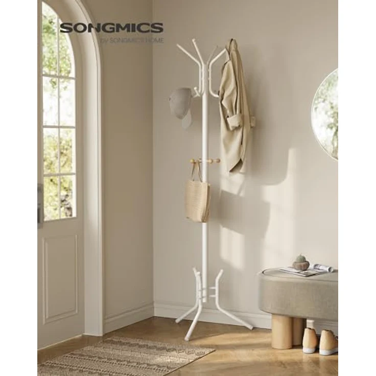 SONGMICS Garderobenständer aus Metall, stabiler Kleiderständer, Garderobe, für Kleidung, Taschen und Hüte, Höhe 178 cm, mit 12 Haken, perlweiß RCR017W01 – Bild 3