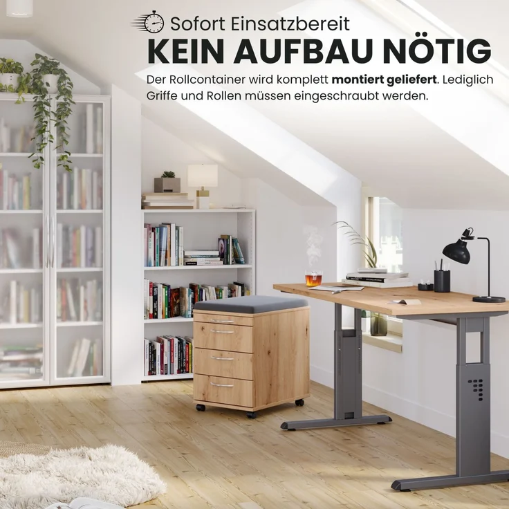 bümö basic Rollcontainer mit Schubladen, Container aus Holz in Asteiche - Rollwagen für's Büro als Schreibtisch Unterschrank, Bürocontainer od. Schreibtischcontainer mit Bogengriffe, 1606-R-R-BO – Bild 3