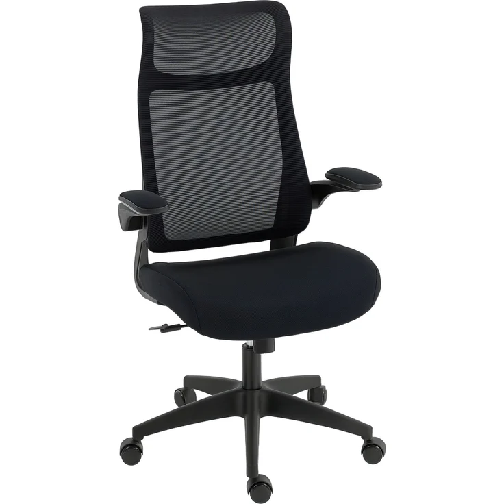 MELAYR, Ergonomischer, drehbarer Netz-Bürostuhl mit Lordosenstütze, klappbaren Armlehnen, 65 x 64 x 118 cm, Schwarz – Bild 1