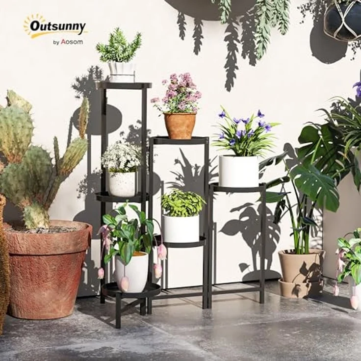 Outsunny Pflanzentreppe mit Tabletten, klappbar, für Innen, aus Metall, mehrstöckig, 80cm hoch (6-Etagen Pflanzenständer, 1 St, Blumenständer), für Wohnzimmer, Garten Balkon Deko, Schwarz – Bild 2