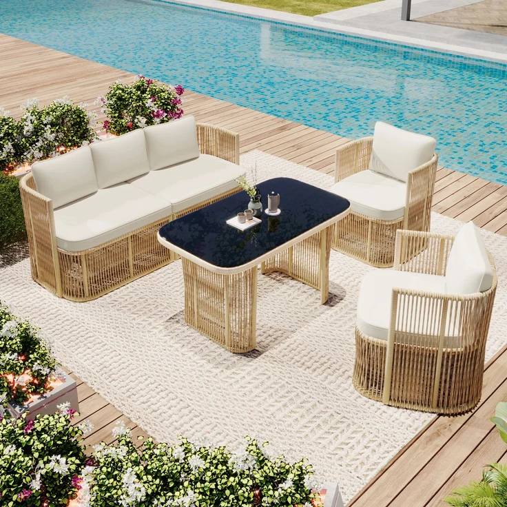 Merax 5-teiliges Gartenmöbel Set, PE Rattan Garten-Loungesessel-Set mit 3-Sitzer Sofa, 2 Sessel & Glastisch – mit Polyester Kissen, Stahlrahmen & gehärteter Glasplatte, Beige – Bild 2