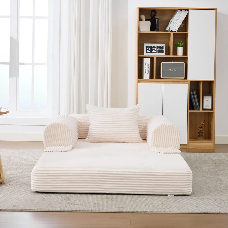Einzel-Schlafsofa Beige 120cm×85cm×65cm aus Cord – 2-in-1 Schlafsessel mit Kissen, platzsparend und ohne Werkzeug – Bild 3