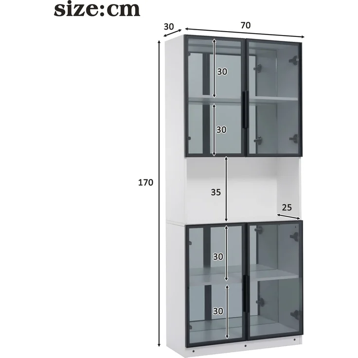 Glasvitrine 70 × 30 × 170 cm mit LED-Beleuchtung und Spiegelrückwand, Vitrinenschrank mit grauen ESG-Glastüren, MDF, Ausstellungsschrank für Wohnzimmer, Küche und Esszimmer--Weiß--70x30x170cm--YOUDENOVA – Bild 4