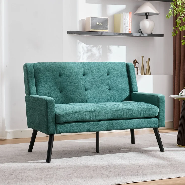 LVHOM 2-Sitzer Sofa aus Leinenstoff mit Knopfsteppung, Loveseat mit hochdichter Schaumstoffpolsterung und Massivholzbeinen, Stoffsofa für Wohnzimmer & Büro, bis 260kg, Grün – Bild 1