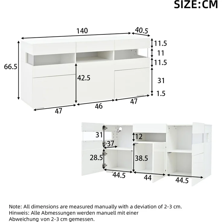 DESVIAE Sideboard mit LED-Beleuchtung, 140x66,5x40,5 cm, Spanplatte, Weiß, 3 Türen – Bild 10