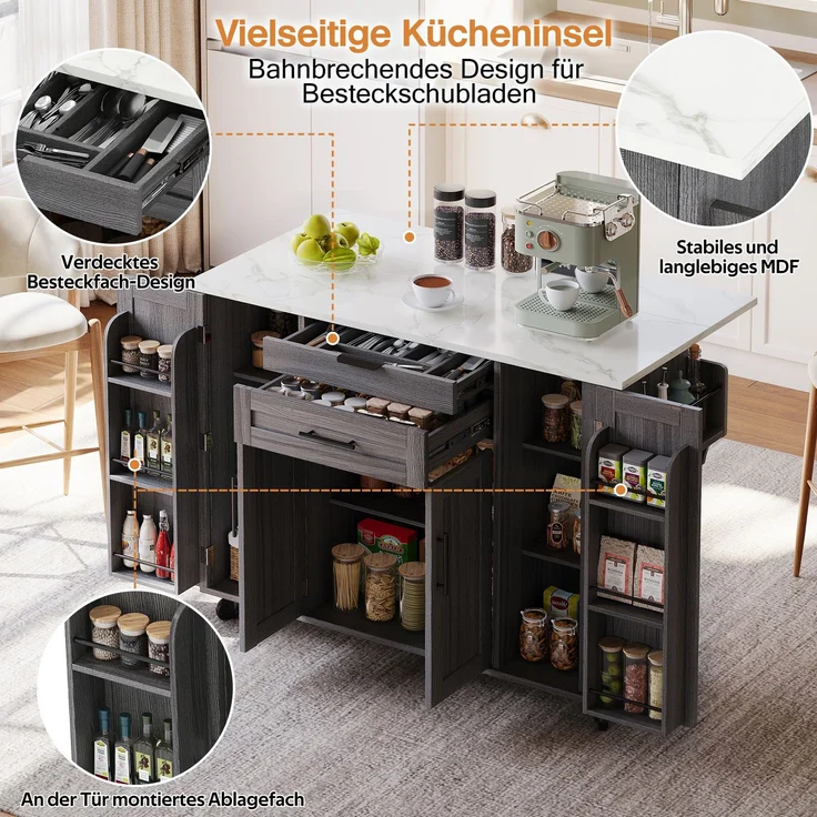 120×45cm,mobile Kücheninsel,Küchenwagen,ausziehbare Arbeitsplatte bis 70cm,verdeckte Besteckschublade,verstellbare Einlegeböden,Gewürzregal und Handtuchhalter,geeignet für Küche,Esszimmer oder Wohnzim – Bild 5