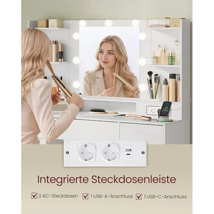 VASAGLE Kailyn Kollektion - Schminktisch mit Spiegel und LED-Leuchten, Hocker, Steckdosenleiste, 9 Schubladen, 9 dimmbare Glühbirnen, 3 Lichtfarben, werkzeuglose Gleitschienen, wolkenweiß – Bild 5