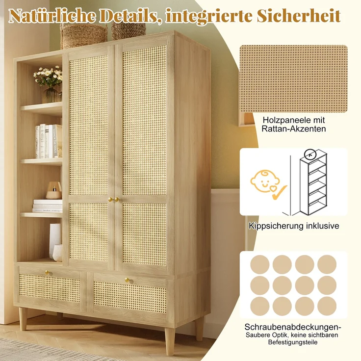 Merax 180cm Kleiderschrank Garderobenschrank mit 2 Türen und Rattan‑Flechten, Landhausstil Eicheoptik, offene Ablage, Regalfächer, Kleiderstange, 2 Schubladen, Kippsicherung – Bild 6