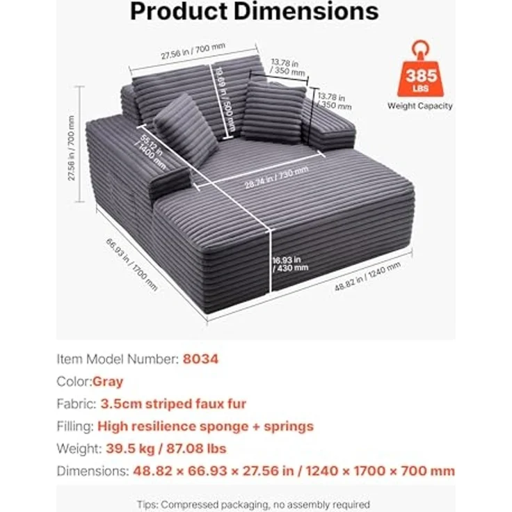 VEVOR Chaiselongue Relaxliege 124 cm, gepolstertes Schlafsofa mit Dekokissen & Armlehnen, Schlafcouch mit tiefer Sitzfläche für Wohnzimmer Schlafzimmer, Loungesessel aus hochelastischem Schwamm – Bild 3