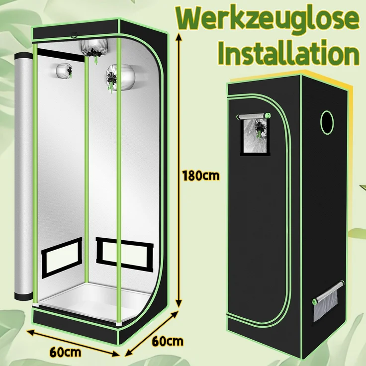 Eikuavons Growbox Indoor Pflanzzelt mit Reißverschluss, Kabelöffnungen und reflektierender Innenfolie 60x60x180cm, Polyestergewebe, schwarz – Bild 2