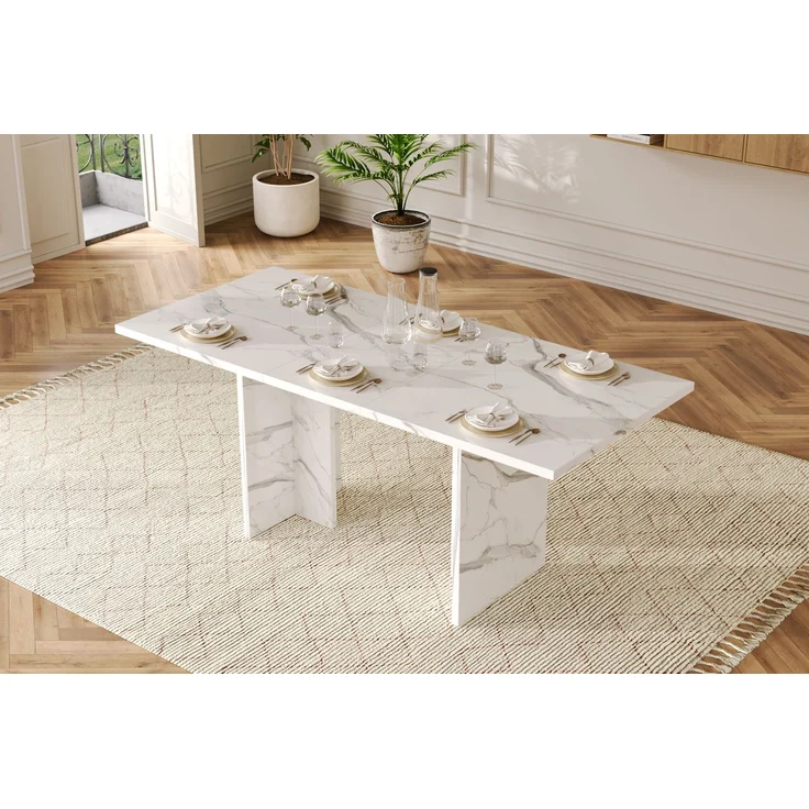 Merax Ausziehbarer Esstisch, 140/180*80 cm, geeignet für 6-8 Personen, rechteckige Form, verdickte Tischplatte, einfachen Stil,Tisch für Esszimmer, Küche, Wohnzimmer, Weißer Marmor – Bild 8