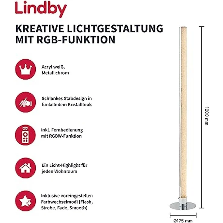Lindby Stehlampe Hadis, Enthalten, 10,5 W LED + RGB-LED, Farbwechsel RGB + weiß – Bild 2