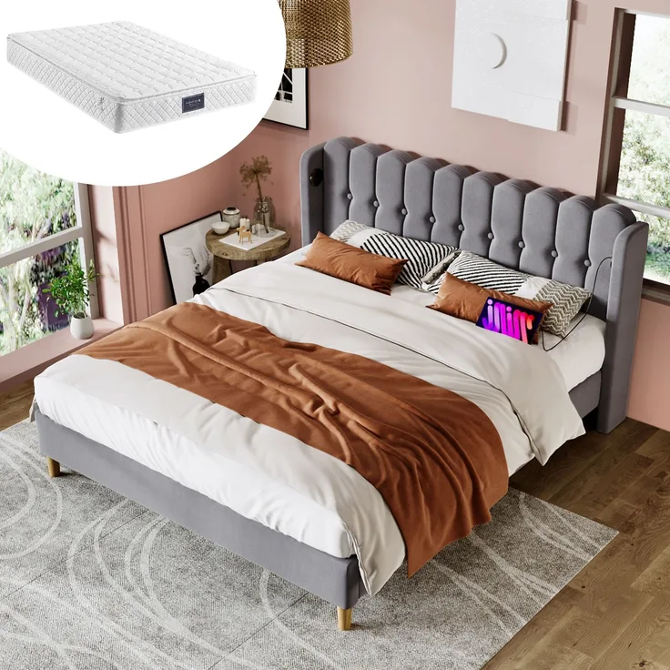 Einzelbett 160x200 cm Grau Leinen mit USB & Type-C Ladeanschluss,gepolstertes Kopfteil,Design-Paneel,stabiler Rahmen,inklusive Matratze