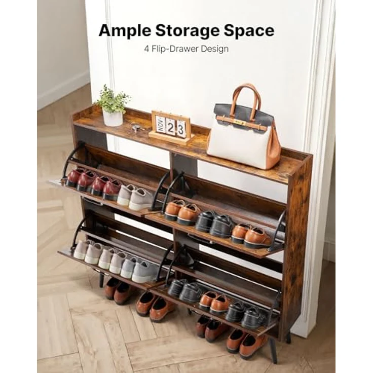 VEVOR Schuhschrank mit 4 Klappen & Kippschutz, platzsparender Schuhkipper, freistehender Schuhregal-Organizer für den Eingang Flur Wohnzimmer Veranda, Vintage Schuhregal 120 x 24 x 105 cm Braun – Bild 6