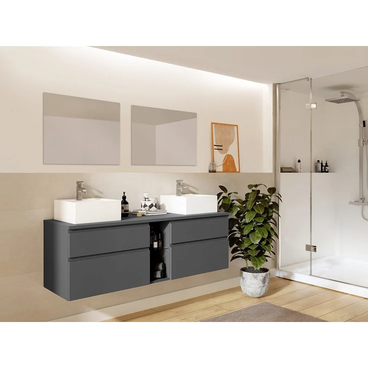 Vente-unique - Waschbeckenunterschrank hängend mit Doppelwaschbecken und Spiegeln - Grau - 150 cm - MAGDALENA II – Bild 2
