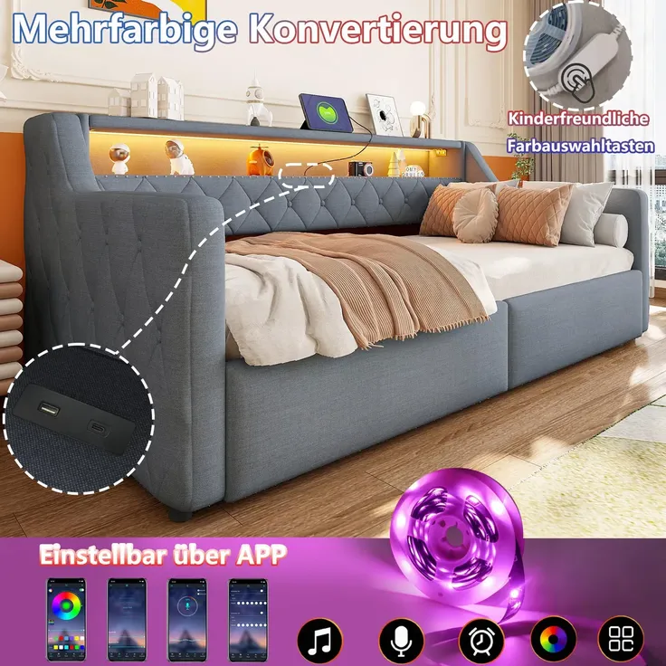 Schlafsofa mit LED-Beleuchtung und Aufbewahrung, Polsterbett mit Lattenrost, 90x200 cm, Einzelbett, Jugendbett, Leinen – Bild 5