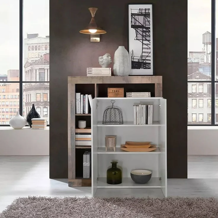 Dmora Kommode Smeraldo, Wohnzimmerbuffet, Wohnzimmer-Sideboard, Moderne Küchen-Speisekammer, Made in Italy, 108x42 h127 cm, Glänzendes Weiß und Akazie – Bild 4