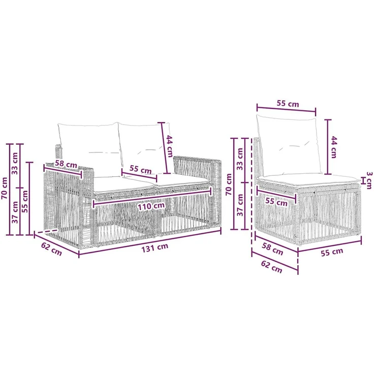 vidaXL Gartensofa-set 3 stk. 3-Sitzer Schwarz und Cremeweiß 3435040 – Bild 3