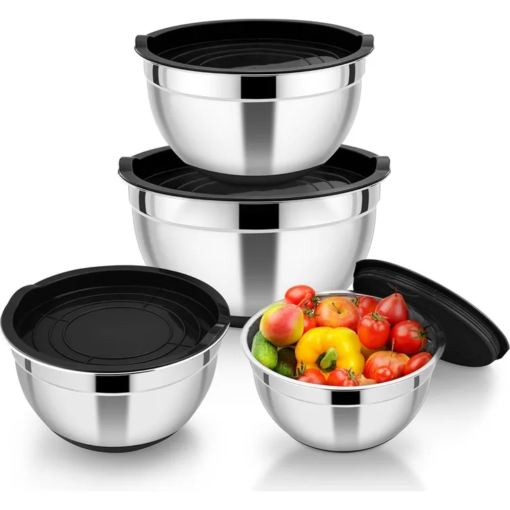 PFCTART Rührschüssel Schüssel Set mit Deckel - Salatschüssel & Edelstahl Schüssel, Edelstahl (Schüsseln), Kunststoff (Deckel), (Rostfrei, leicht zu reinigen - Vielseitig für Vorrat & Zubereitung, 4-tlg), Stapelbar & rutschfest - 16/18/22/26 cm Schüssel...