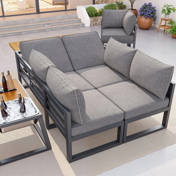 Merax Gartenmöbel-Set, Garten-Lounge-Set für 7 Personen, Outdoor-Sofa-Set mit verstellbarer Rückenlehne, ausklappbaren Armlehnen und Metall-Eisbehälter, Grau – Bild 3