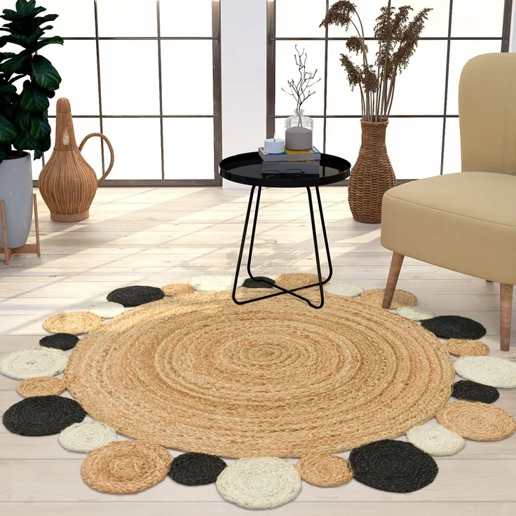 TT Home Jute Teppich Rund Wohnzimmer Esszimmer Boho Modern Handgemacht Mit Umrandung, Farbe:Schwarz, Größe:100 cm Rund