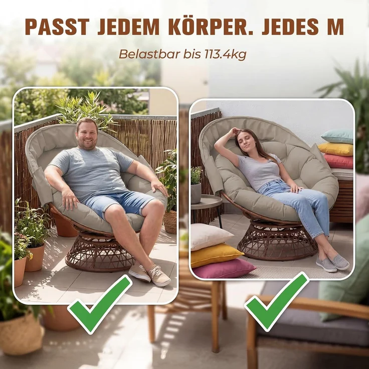 COMHOMA Papasansessel, gemütlicher Drehsessel mit Kissen rund, bequemer Rattansessel, Loungesessel drehbar, runder Relax Korbsessel Rattan für Wohnzimmer, Leseecke, Lounge - braun – Bild 8