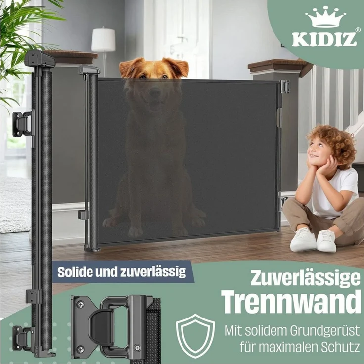 KIDIZ® Treppenschutzgitter Türschutzgitter ausziehbar bis 140/180cm | kindersicheres Treppengitter für Babys & Haustiere | Schutzgitter Treppen & Türen Absperrgitter inkl. Bodenanker & Montagezubehör Schwarz, 0-140cm – Bild 4