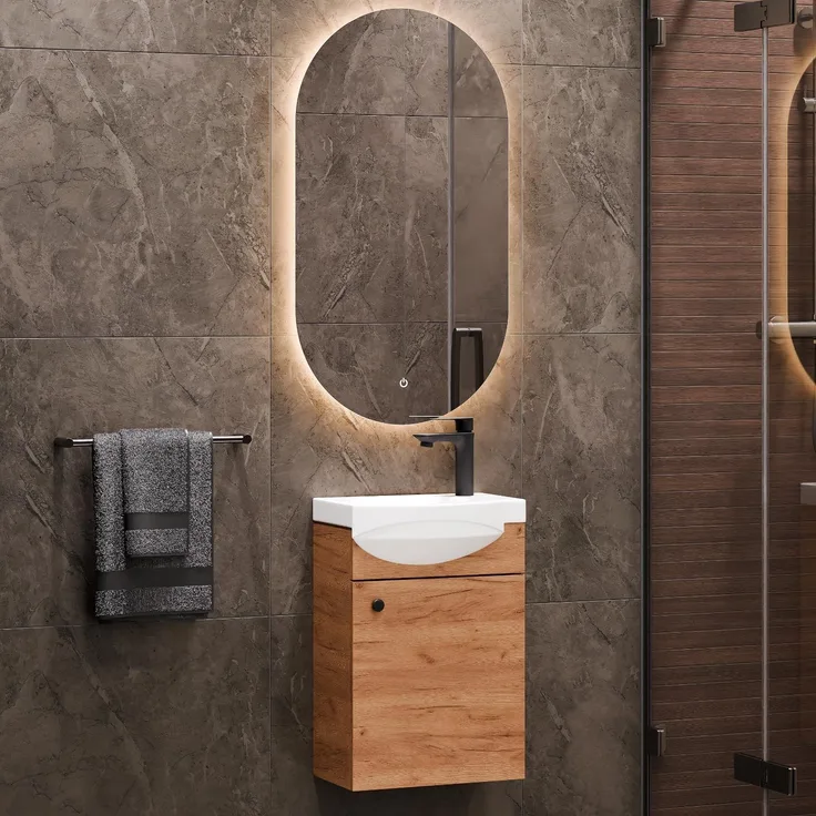 Planetmöbel Waschtisch 40cm Gold Eiche mit Spiegel, Unterschrank mit Waschbecken aus Keramik mit Badspiegelfür Gäste WC