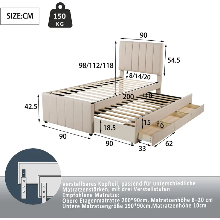 Polsterbett 90x200 cm mit Rollbett und Stauraumschubladen, hautfreundliche Leinenpolsterung, flaches Einzelbett, Kinderbett, Jugendbett, Gästebett (Beige) – Bild 8