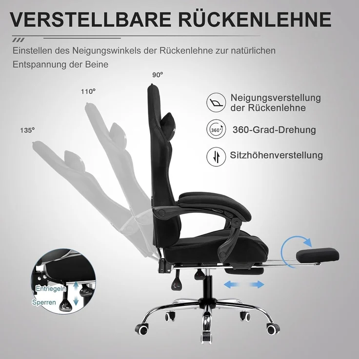 GTPLAYER Gaming Stuhl Stoff, Bürostuhl Massage Gaming Sessel Ergonomischer Gamer Stuhl mit Fußstütze, Kopfstütze Massage-Lendenkissen, Gepolstert Gaming Chair, Drehsessel, weiß – Bild 4