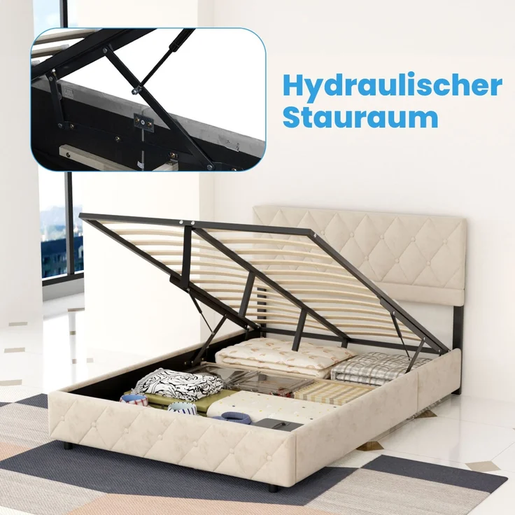 Polsterbett 140x200 cm mit Aufbewahrungsbox, Beige, Kunstleder, Lattenrost (ohne Matratze) – Bild 9