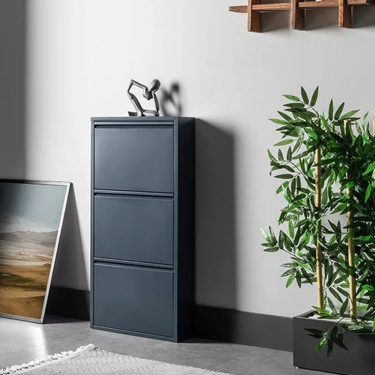 Schuhschrank Schmal Schuhregal Metall Schuhkipper mit Magnet Klappen Schuhablage (3 Klappen Anthrazit)