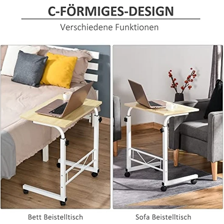 HOMCOM Beistelltisch höhenverstellbarer Couchtisch mit Rädern Feststellbremsen (C-Tische, 1-St, mobiler Endschreibtisch), Spanplatte Stahl Eisen Kunststoff, Weiße Ahornfarbe 60 x 40 x 68-78 – Bild 4