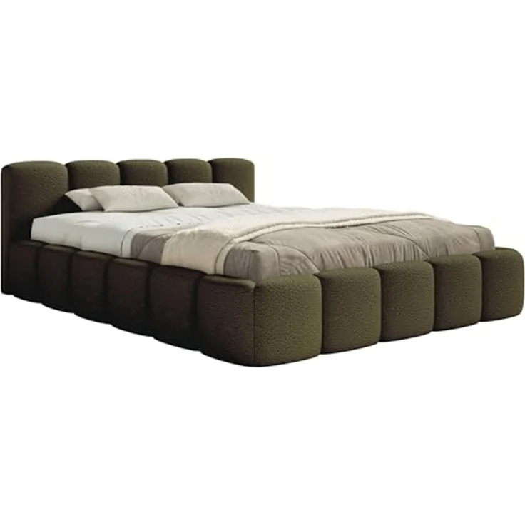 Selsey Polsterbett 140x200 cm Modernes Bettgestell mit Lattenrost Elegantes Design in Olivgrün Bouclé Robuster Holzrollrost für Komfort Bodenschonende Kunststoffgleiter Max Belastung 250 kg – Bild 3
