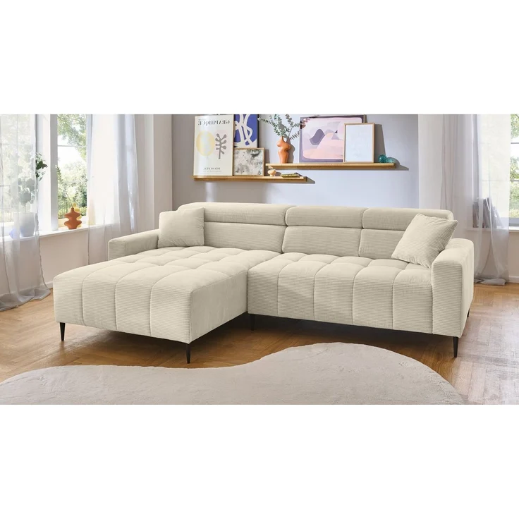Massivart® Ecksofa SIMPLE Cord beige / 256 cm / Cordsofa, Sitztiefenverstellung / Kopfteilverstellung / Nosagfederung – Bild 1