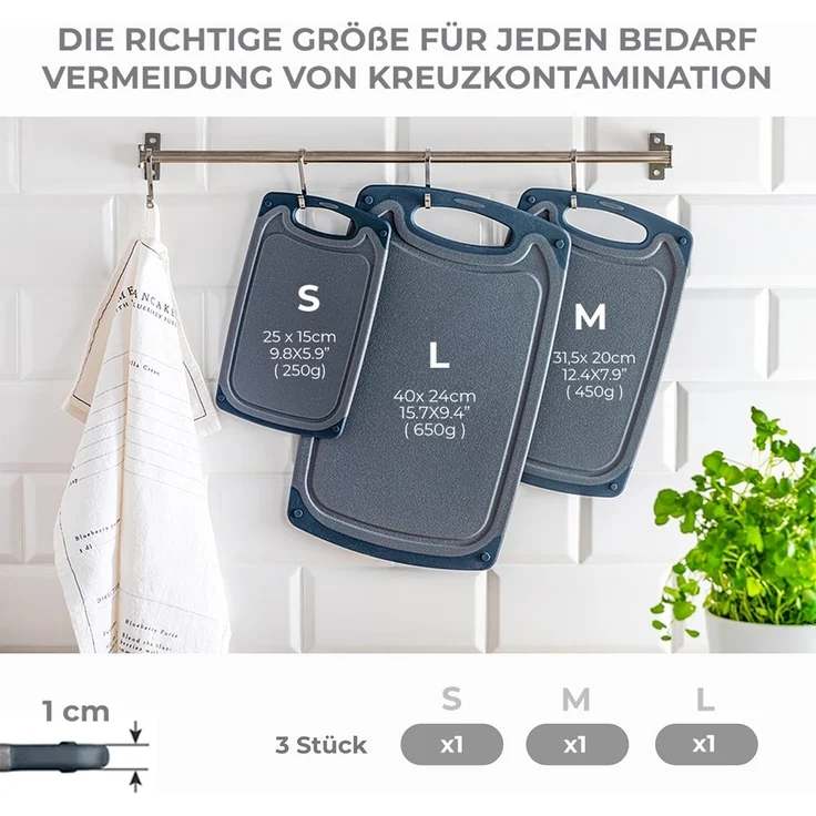 Exitoso Schneidebrett 3er-Set, Kunststoff, (3-St), mit praktischer Saftrille, spülmaschinenfest – Bild 4