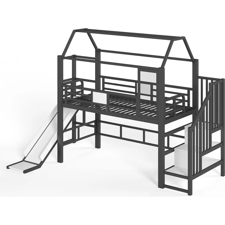Abrihome Metall Hochbett Hausform für Kinder, Rutsche, Treppe, Stauraum, LED, Schwarz, 90x200 cm – Bild 8
