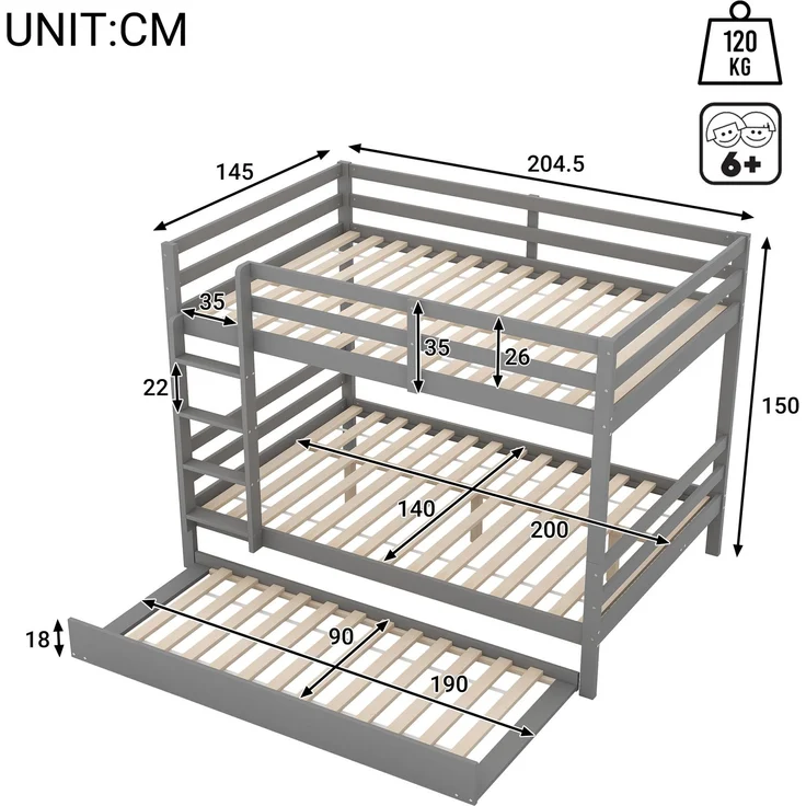 Etagenbett 140x200 mit Ausziehbett, Kiefernholz, Kinderbett Doppelstockbett mit Treppe, platzsparendes Hochbett Gästebett – Bild 10