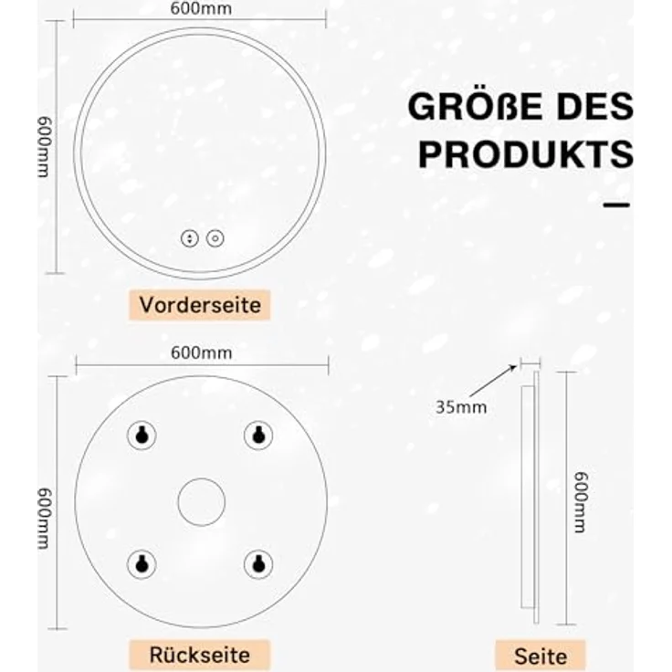 YOLEO Runder Badspiegel mit Beleuchtung, Spiegel rund 60cm mit Beleuchtung, Badezimmerspiegel Wandspiegel mit Touchschalter und Explosionsgeschütztes Glas, 3 Lichtfarben dimmbar, 6500K – Bild 7