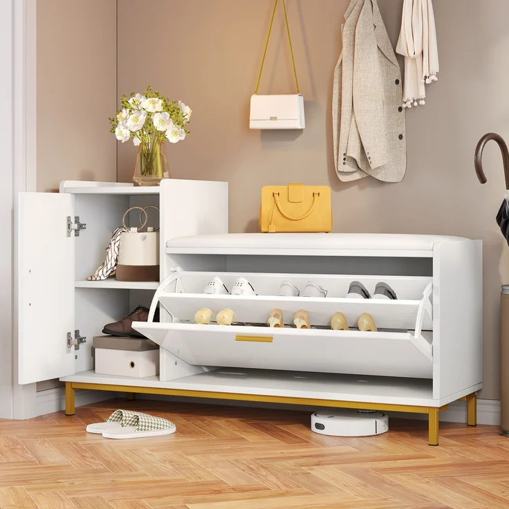 Schuhschrank mit Sitzbank Weiß/Gold, 100x38x68 cm, Hochglanz mit herunterziehbarem Schuhregal – Bild 3