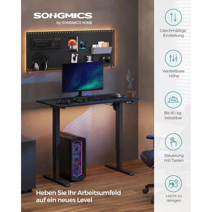 SONGMICS Höhenverstellbarer Schreibtisch elektrisch, Tischgestell, Schreibtischständer mit Motor, stufenlos verstellbar, 120 x 60 x (73-114) cm, Stahl, schwarz LSD011B02 – Bild 4