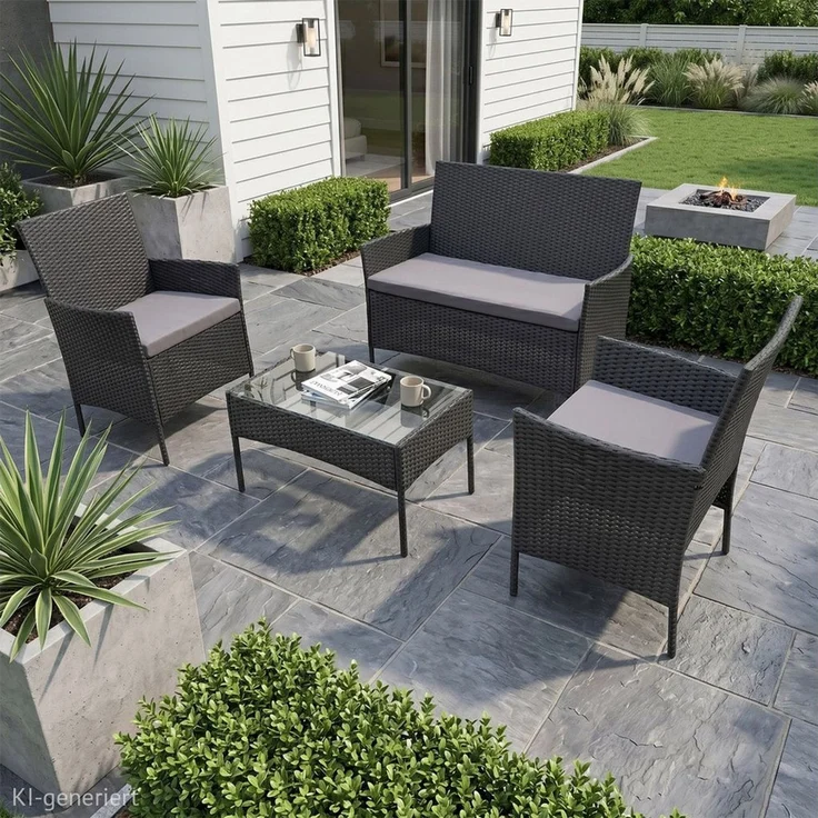 SVITA Sitzgruppe BROOKLYN, (Set, Gartenlounge mit Abdeckhaube), 4-teilig, Polyrattan Lounge Set, wetterfest, inkl. Kissen, Schwarz – Bild 2