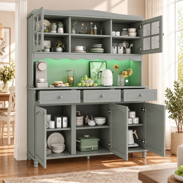 EINHOM Buffetschränke, Esszimmer-Hochschrank 135 x 40 x 185 cm, Mehrstufigem Stauraum, Integrierter Steckdose sowie USB-C- und USB-A-Anschlüssen, Farbiger LED-Streifen, Graugrün – Bild 3