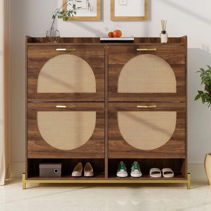 Schuhschrank 108,5x24x100 cm in Nussbaum, 4 Klappen und offene Fächer – Bild 4