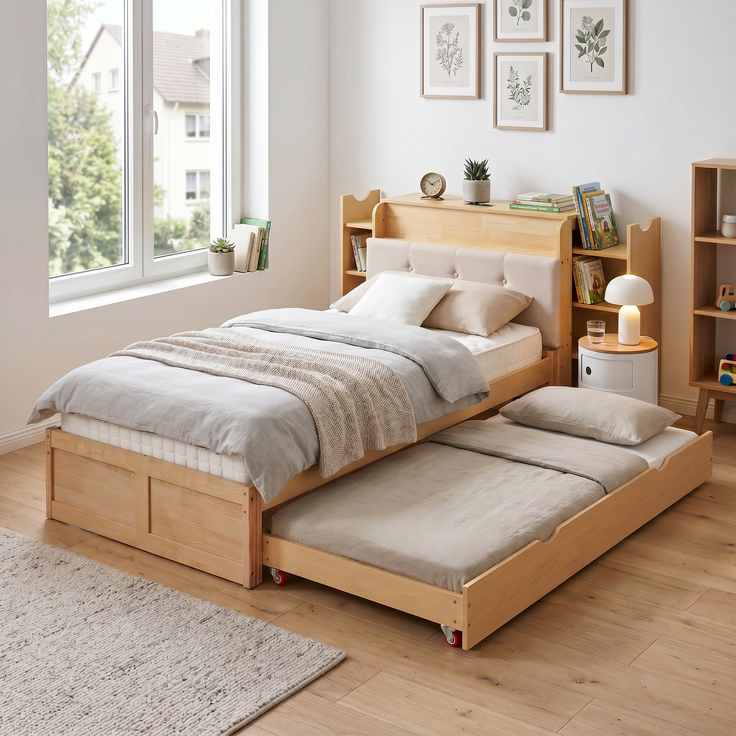 Abrihome Ausziehbett 90x200 bis 180x200 cm, Massivholz & MDF, Einzel-/Doppelbett, Rollen, Natur – Bild 7