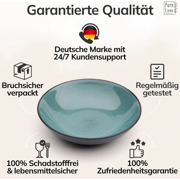 Steingut Suppenteller 6 Pers. Ibiza Hochwertiges Mediterranes TEST SEHR GUT Steingut Tiefe Teller Set - Kratzfest, Für Spülmaschine, Mikrowelle - Pasta Teller Tief Groß - Pure Living in Petrol – Bild 4