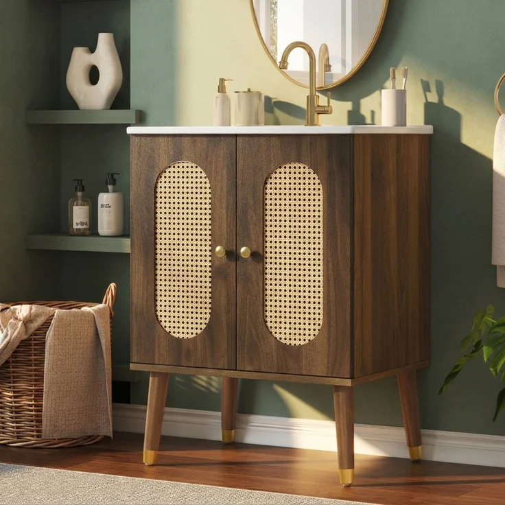 Waschbeckenunterschrank 61 x 47 x 89 cm aus MDF mit Keramikbecken und Rattan-Doppeltüren – Bild 1