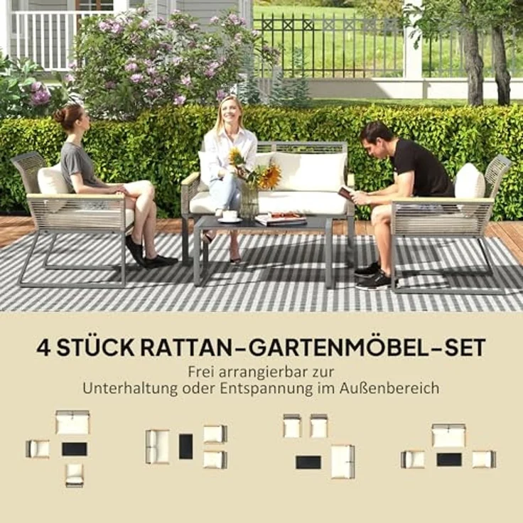 Outsunny Sitzgruppe 4 Personen, mit 2er Sofa, 2 Stühle, Glastisch, Kissen, (wetterfest Balkonmöbel-Set, 4-tlg, Polyrattan Gartenmöbel Set), Gartenlounge für Garten Balkon Grau+Beige – Bild 3